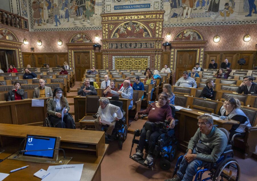 Menschen mit Behinderungen sitzen im Basler Parlament am 1. Behindertenparlament