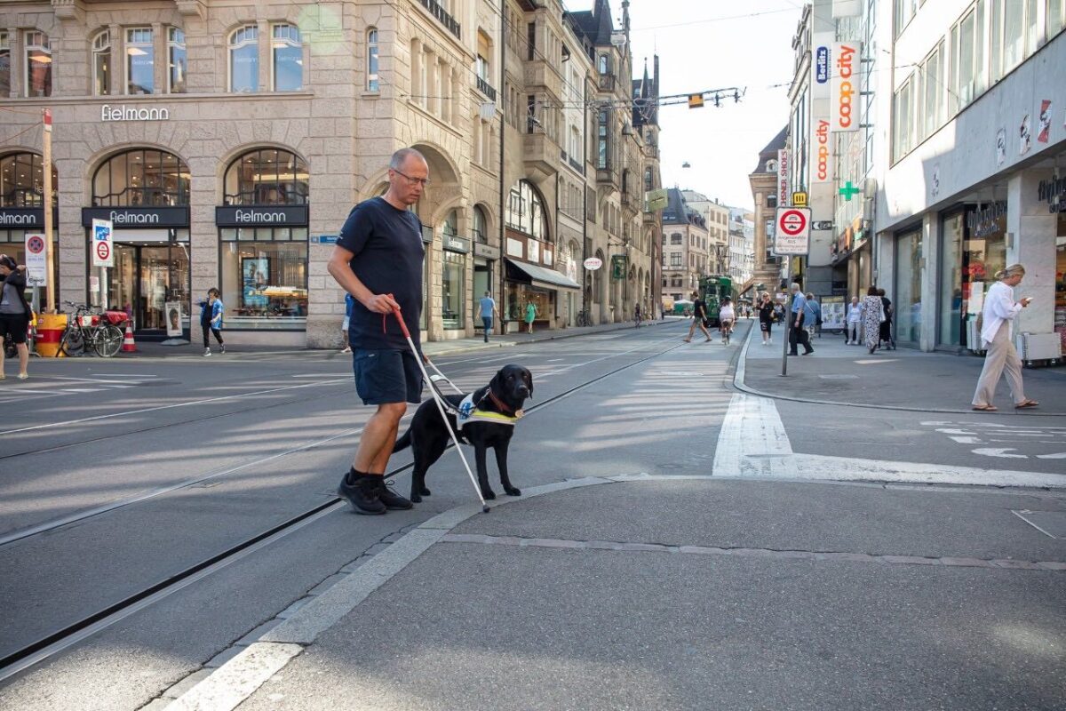 Ein Führhundehalter läuft mit seinem Blindenführhund über die Strasse. Der Blindenführhund signalisiert den Trottoirrand, in dem er stehenbleibt