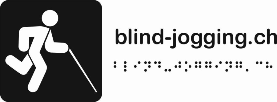 Logo von Blind Jogging. Eine rennende Person mit Blindenstock.