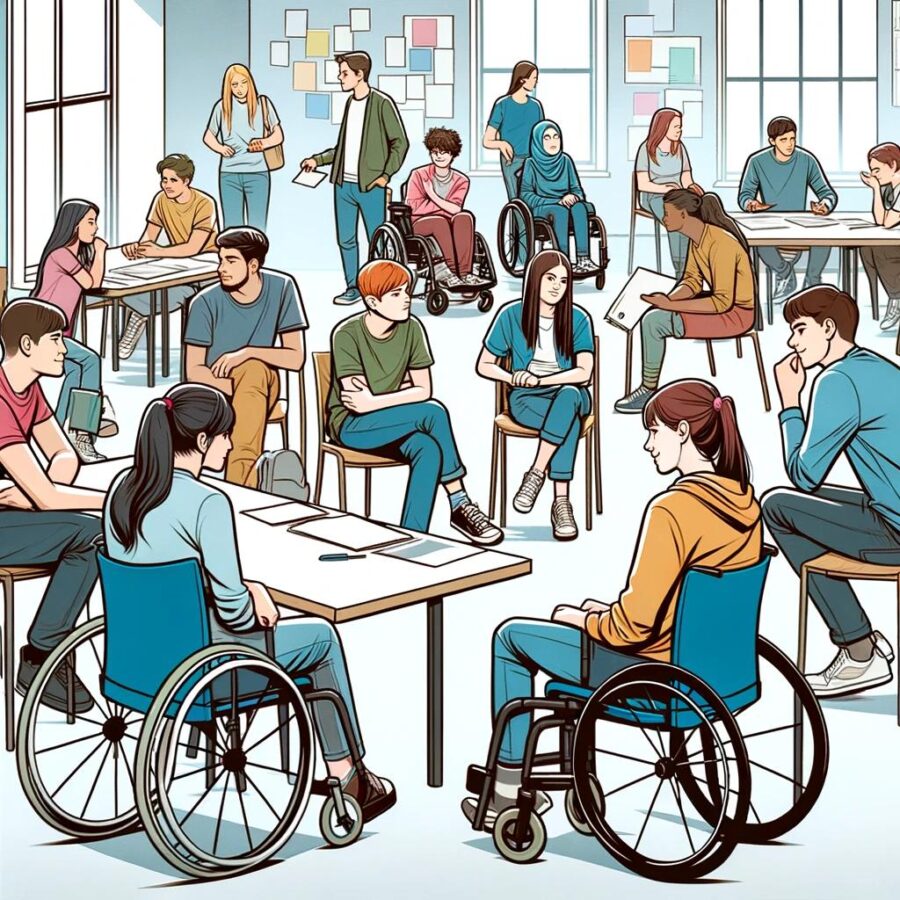 Berufsfachschülerinnen und Berufsschüler mit und ohne Behinderung sitzen im selben Klassenzimmer.