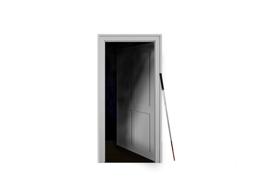 Eine halboffene Tür führt in einen dunklen Raum. Am Türrahmen ist ein Blindenstock angelehnt.