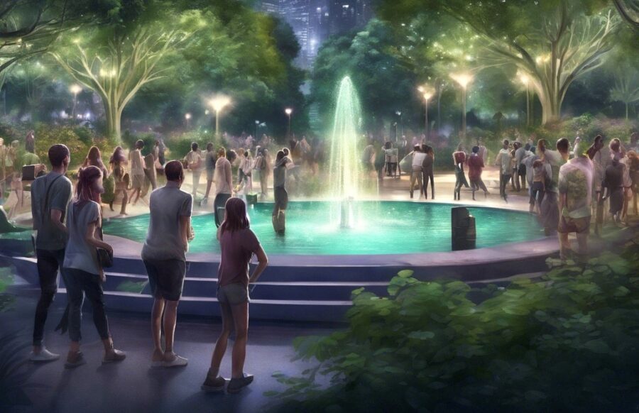 Eine Gruppe von Leuten tanzt in einem Park mit Springbrunnen.