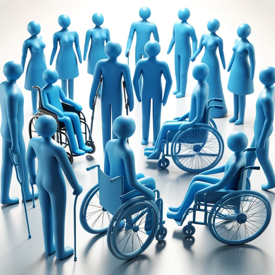 Bild mit blauen Figuren in menschlicher Gestalt, die Menschen mit und ohne Behinderung darstellen. Diese Figuren interagieren harmonisch miteinander und symbolisieren Vielfalt und Inklusion.