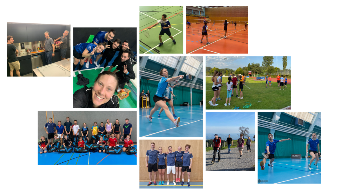 Eine Collage von Bildern von Menschen, die Badminton spielen.