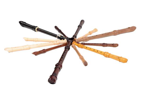 Auf dem Bild sind Flöten zu sehen, jede ist aus einem anderen Holz geschnitzt, ist unterschiedlich gross, hat unterschiedliche Töne und Klänge.