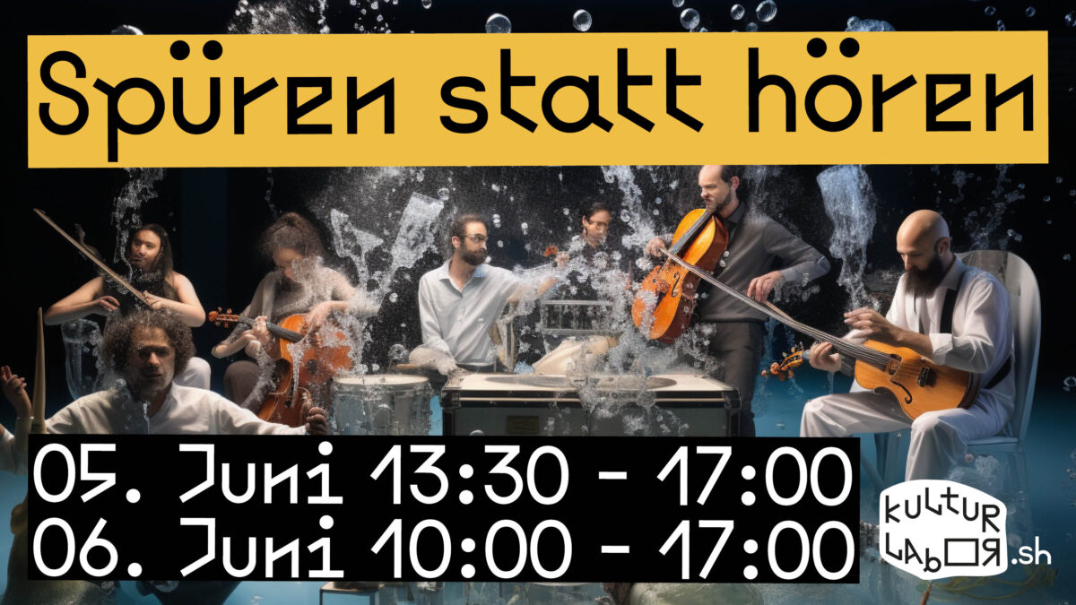 Grafik mit Titel und Termine des Anlasses. Im Hintergrund machen Menschen Musik mit Wasser sichtbar.