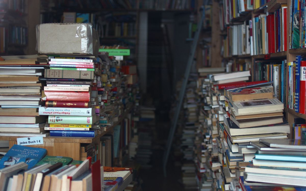 Auf dem Bild sind mehrere Bücherregale mit verschiedenen Büchern zu sehen.