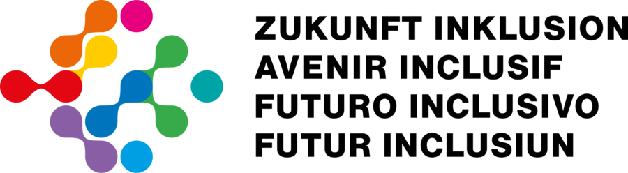 Farbiges Logo von Zukunft Inklusion mit schwarzer Schrift