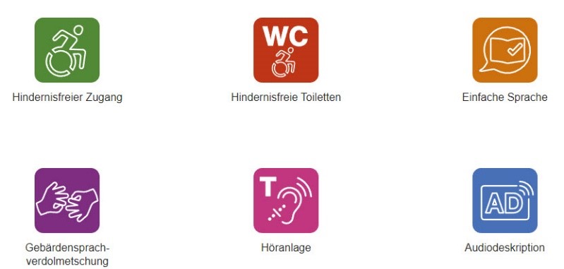 6 Symbole für Barrierefreiheit Hindernisfreier Zugang, Hindernisfreie Toiletten, Einfache Sprache, Gebärdensprachverdolmetschung, Höranlage, Audiodeskription