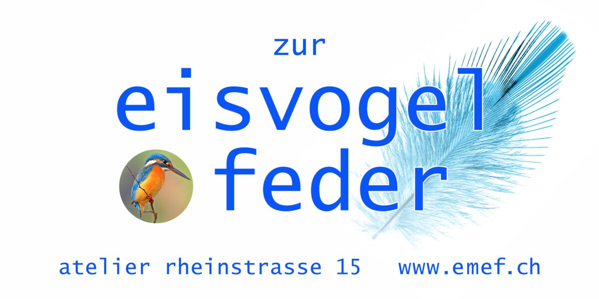 Bild eines Eisvogels umrandet von dem Schriftzug "zur Eisvogel-feder"