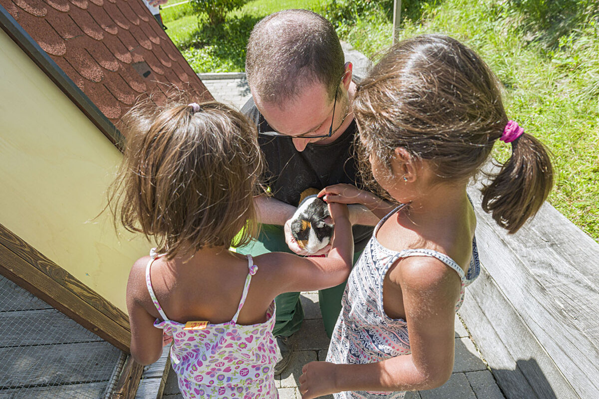 Une personne accompagnée qui partage aux enfants son travail quotidien de soins aux animaux.