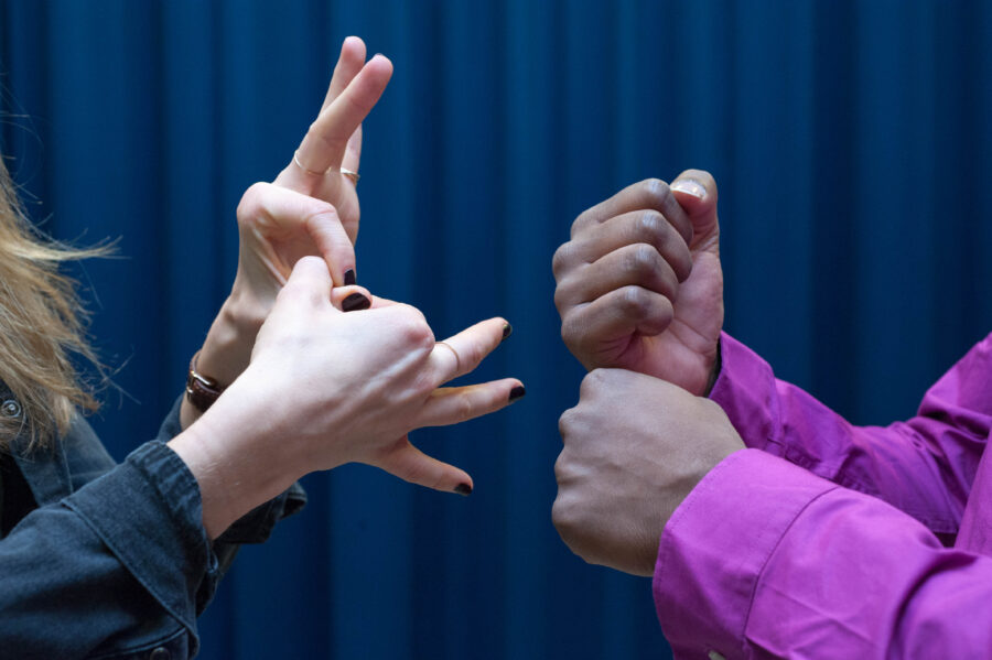 zwei Paar Hände die mit Gebärdenzeichen kommunizieren.