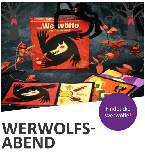 Das Spiel "die Werwölfe von Düsterwald" ist auf dem Bild in Szene gesetzt. Darunter steht "Findet die Werwölfe".