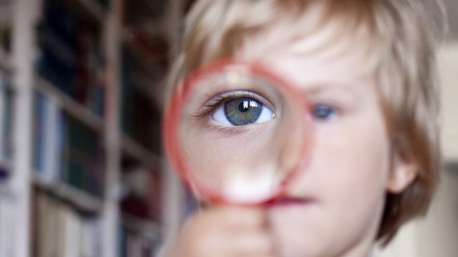 Ein Volksschulkind hält sich eine Lupe vor ein Auge. Das Auge erscheint dadurch grösser. Nur das Auge in der Lupe ist scharf. Der Kopf und die Hand des Kindes, in der es die Lupe hält, sind unscharf. Das Kind erhält durch die Lupe einen geschärften Blick auf sein Objekt.
