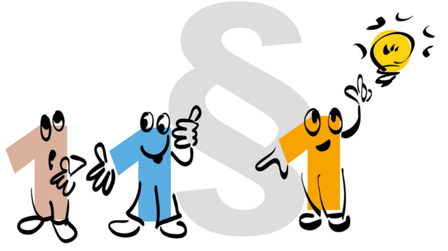 Karikatur: Drei Menschen unterhalten sich. In der Mitte ist das Paragraphenzeichen abgebildet. Beim dritten Menschen rechts aussen auf dem Bild ist eine leuchtende Lampe.