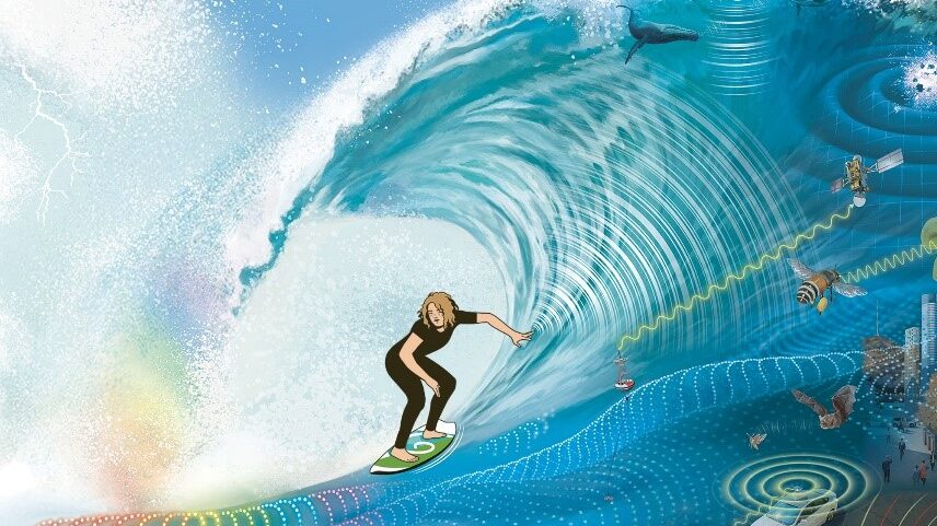 Ein Surfer, der auf einer Welle reitet