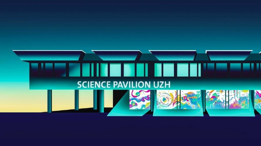 Illustration des Science Pavilion UZH. Das bunte Fenster des Museums hebt sich von einem meist blau/grünen Hintergrund ab.