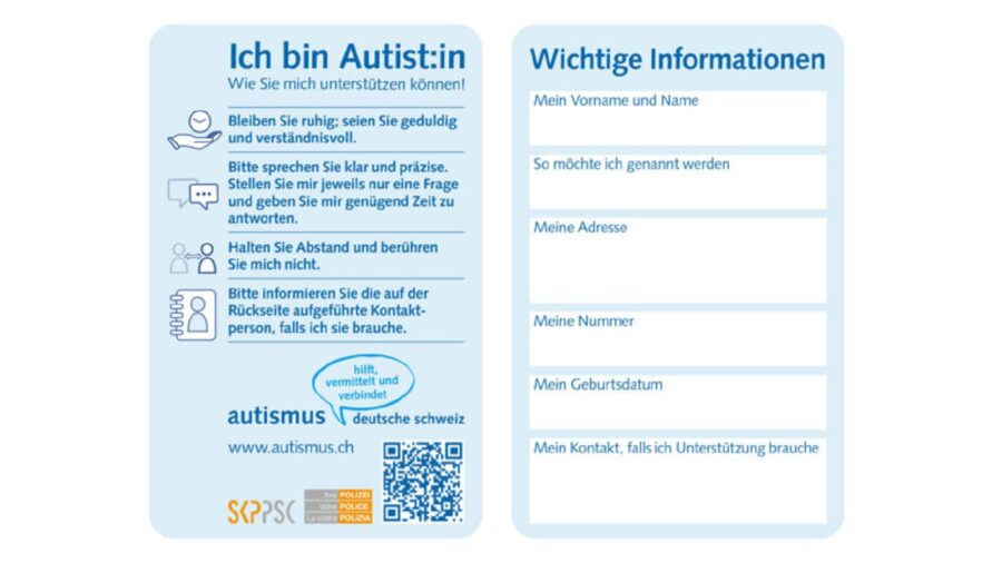 Autismus-Karte: "Wie Sie mich unterstützen können!" (links), Wichtige Informationen (Name, Adresse, Nummer, Geburtsdatum, Kontakt etc.) (rechts)