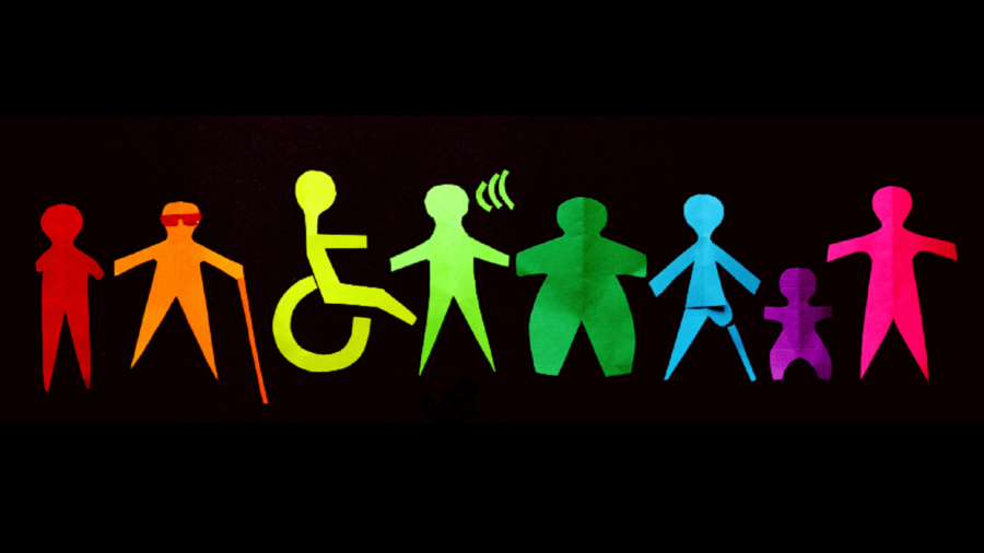 Auf schwarzem Hintergrund sind 8 verschieden farbige Figuren abgebildet, die jeweils eine Art von Behinderung darstellen. Die Figuren sehen aus, als wenn sie aus farbigem Papier zugeschnitten worden wären.