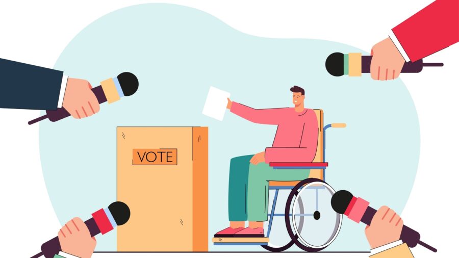 Auf der Illustration ist ein Mann im Rollstuhl zu sehen. Dieser wirft einen Wahlzettel in die Urne. Auf der Urne steht «Vote». Aus dem Vordergrund halten vier Hände jeweils ein Mikrofon ins Bild.