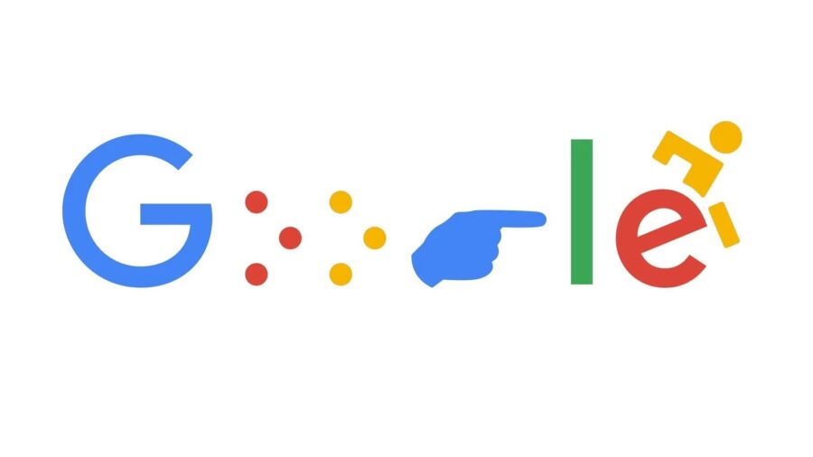 Symbolbild welches das Google Logo zeigt, bei dem einige Buchstaben ersetzt wurden. Die o’s sind in Braille Alphabet geschrieben, das G im Fingeralphabet und auf dem Buchstaben e sitzt ein Rollstuhlfahrer.