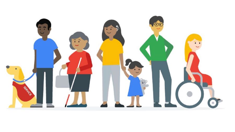 Grafische Darstellung von sechs Menschen mit und ohne Behinderungen sowie einem Blindenhund