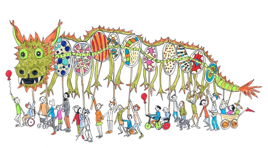 Eine Skizze einer bunten Gruppe von Menschen, die auf Stäben einen langen Drachen tragen.
