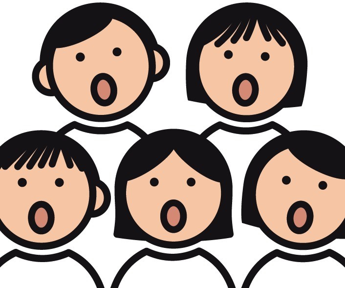 Symbolbild. Fünf gezeichnete Personen singen zusammen. Sie haben alle schwarze Haare. Der Mund ist bei allen weit offen.