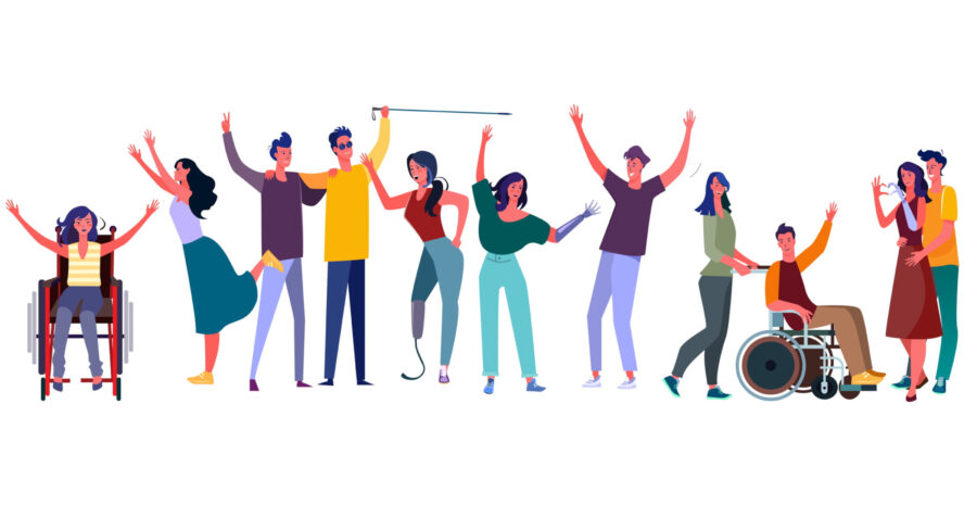 In einer Reihe sind elf Menschen illustriert, teilweise mit sichtbarer Behinderung, die farbig gekleidet sind, die Arme in die Höhe halten und lachen.